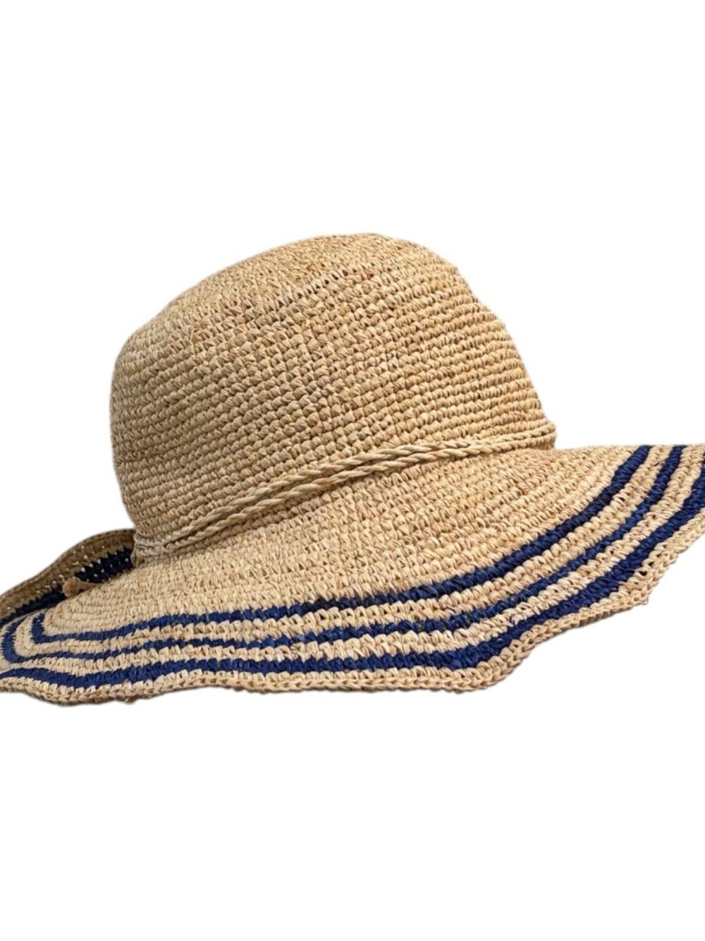 Talbots Straw Wide Brim Sun Hat with Blue Stripe Dual Braid Accent OS